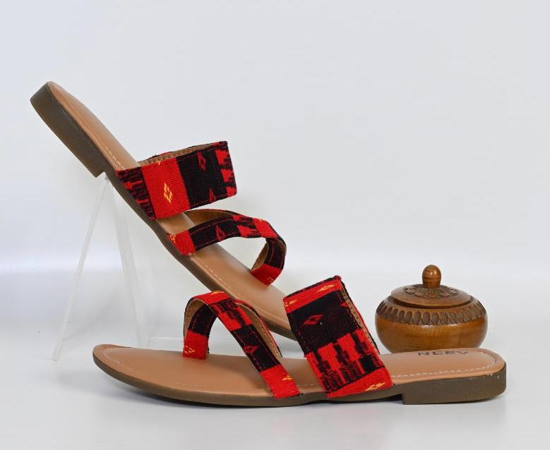 TWO STRAP FLAT SANDAL WITH TRADITIONAL HANDWOVEN FABRIC
